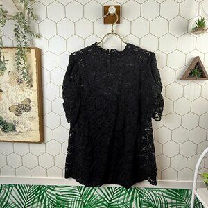 Black Lace Lined Puff Sleeve Blouse - Size - XL